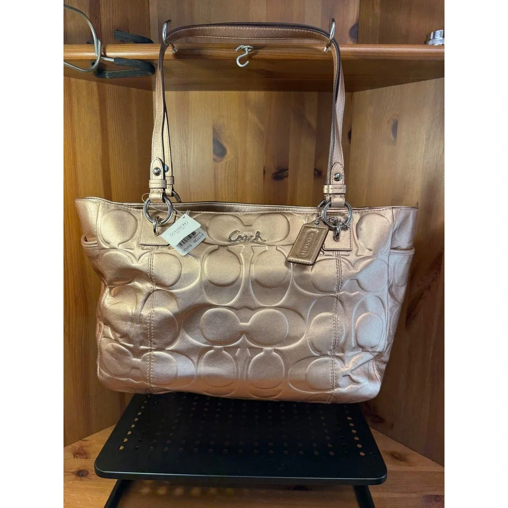 Coach F17730 Metallic Gold Signature Embossed Leather Tote Bag NWT